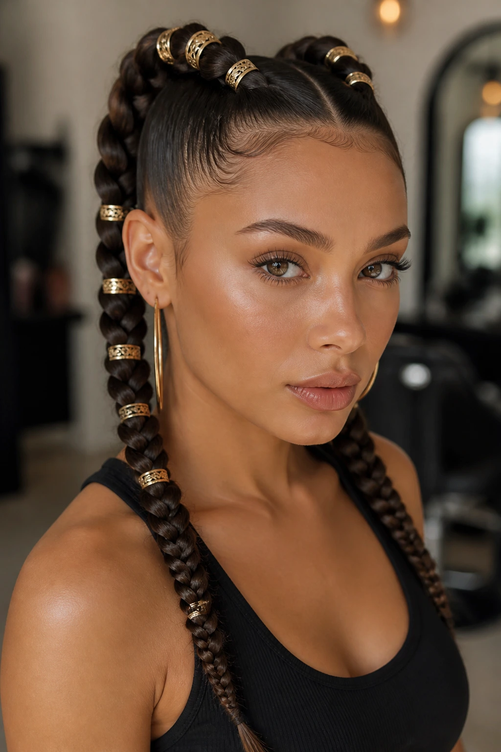 Close-up of two high tight braids with cuffs in a precise sequence along each braid.