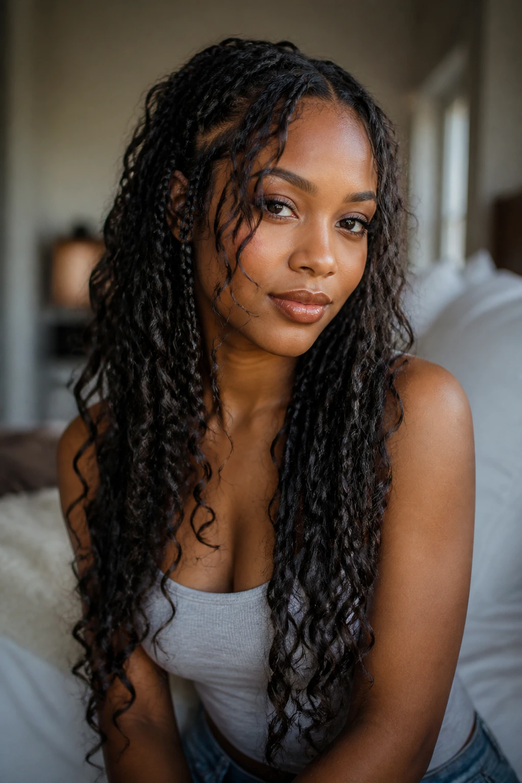 Close-up of a real woman with curly-ended braids.