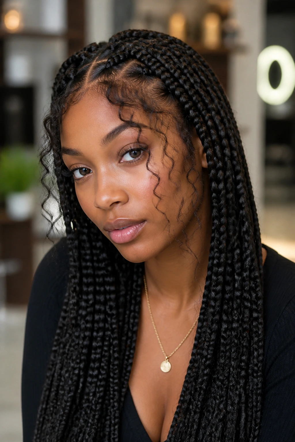 Close-up of a real woman with curly tendrils weaving through braids at the hairline