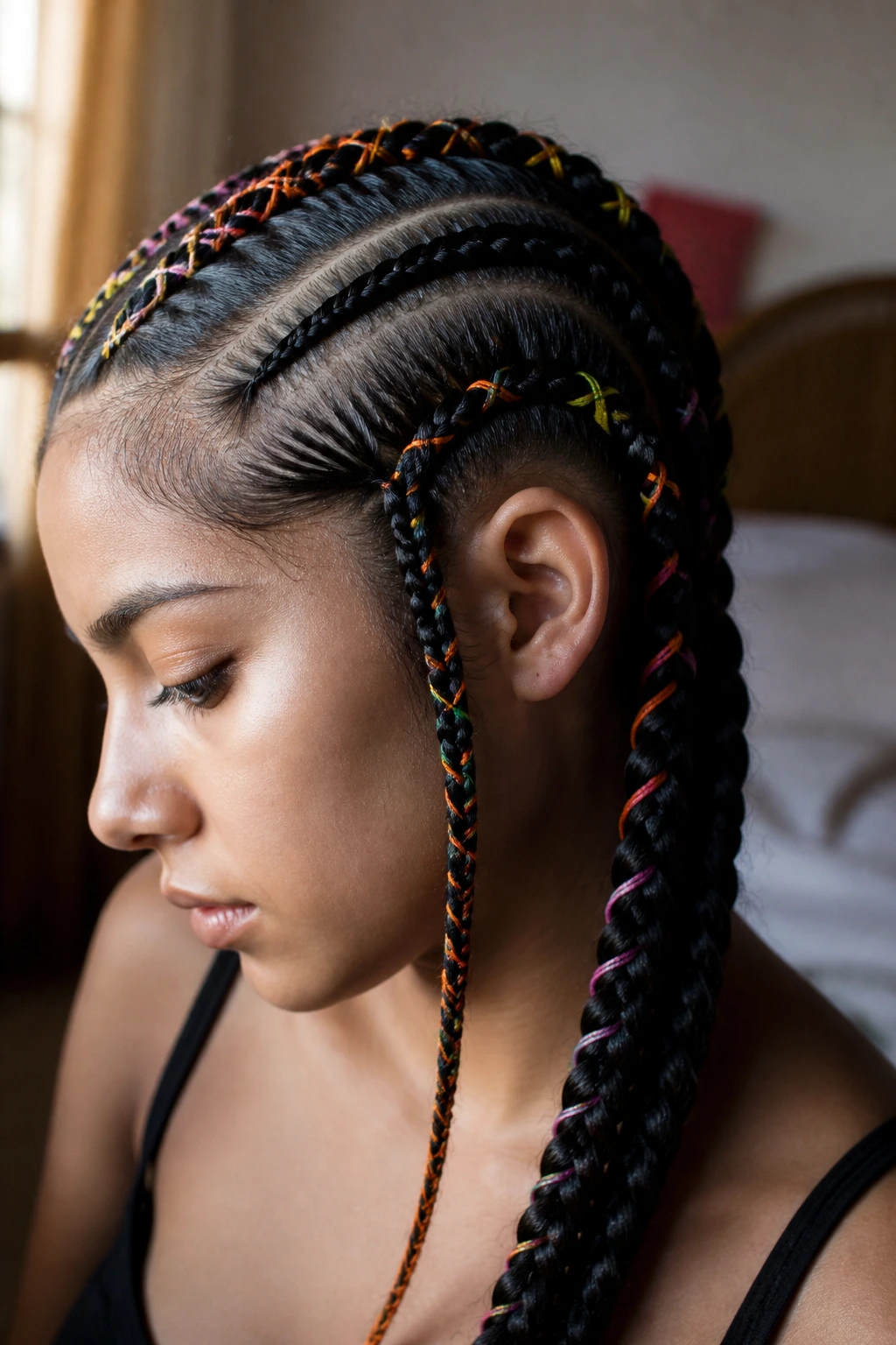 Close-up of real woman's braids with embroidery thread woven along their length.