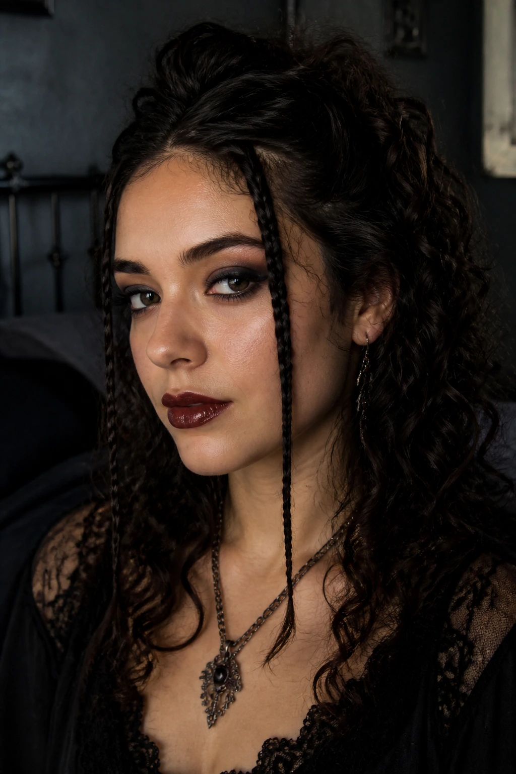 Close-up of a real person with two front braids framing the face among curls