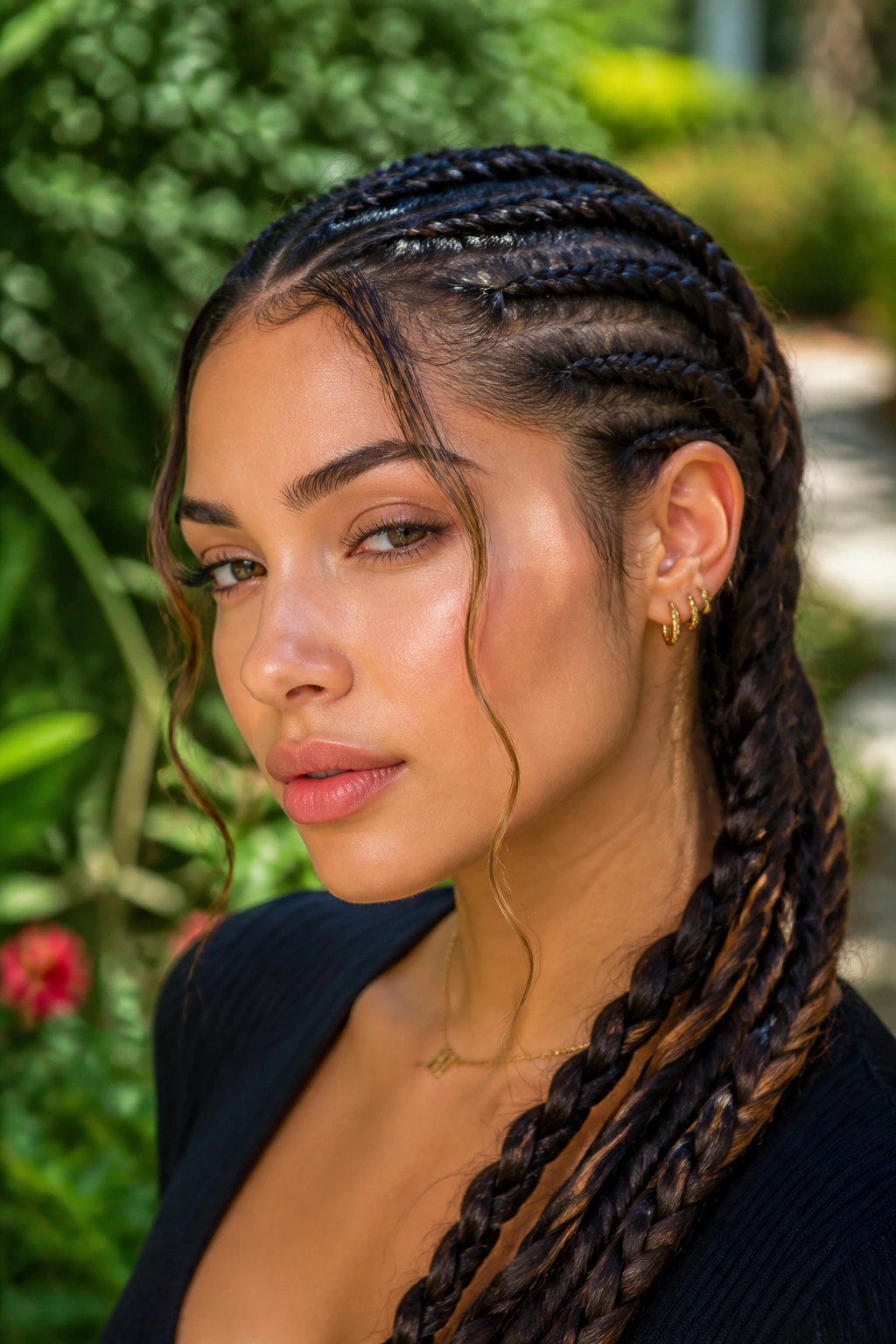 Close-up portrait of a woman with a face-framing braid piece