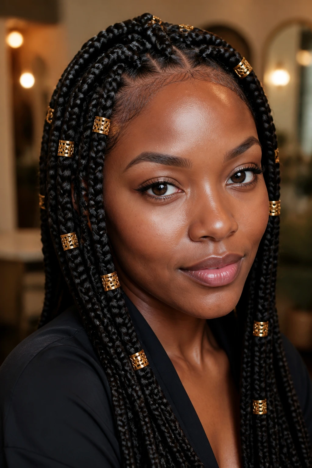 Close-up of a real woman with braids and gold cuffs
