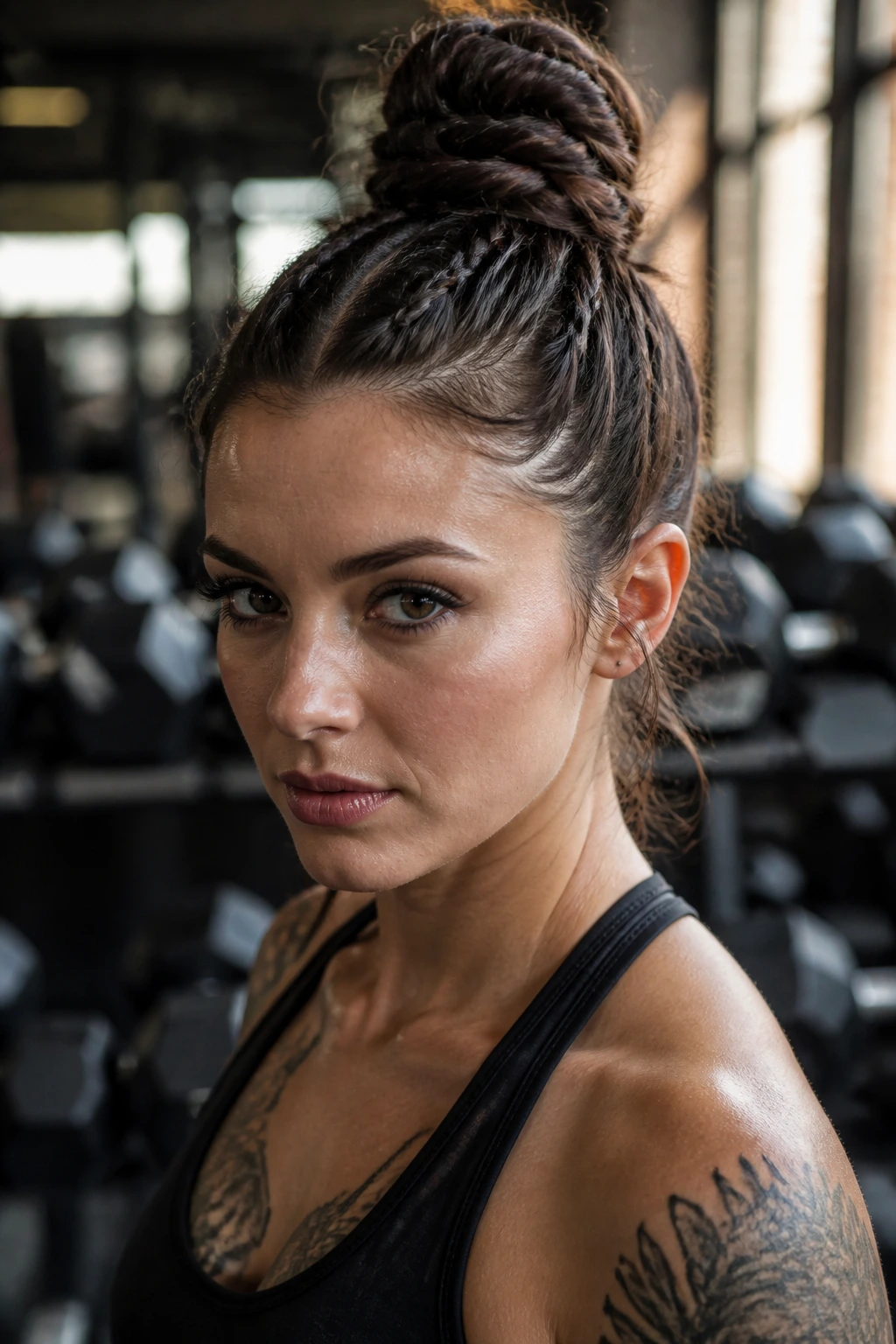 Close-up of a real woman wearing a high-tension triple-braided top knot in a gym