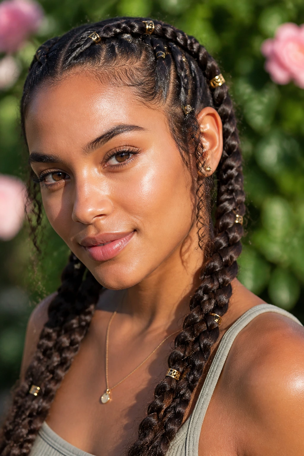 Close-up of a real woman with double braids adorned with hair rings