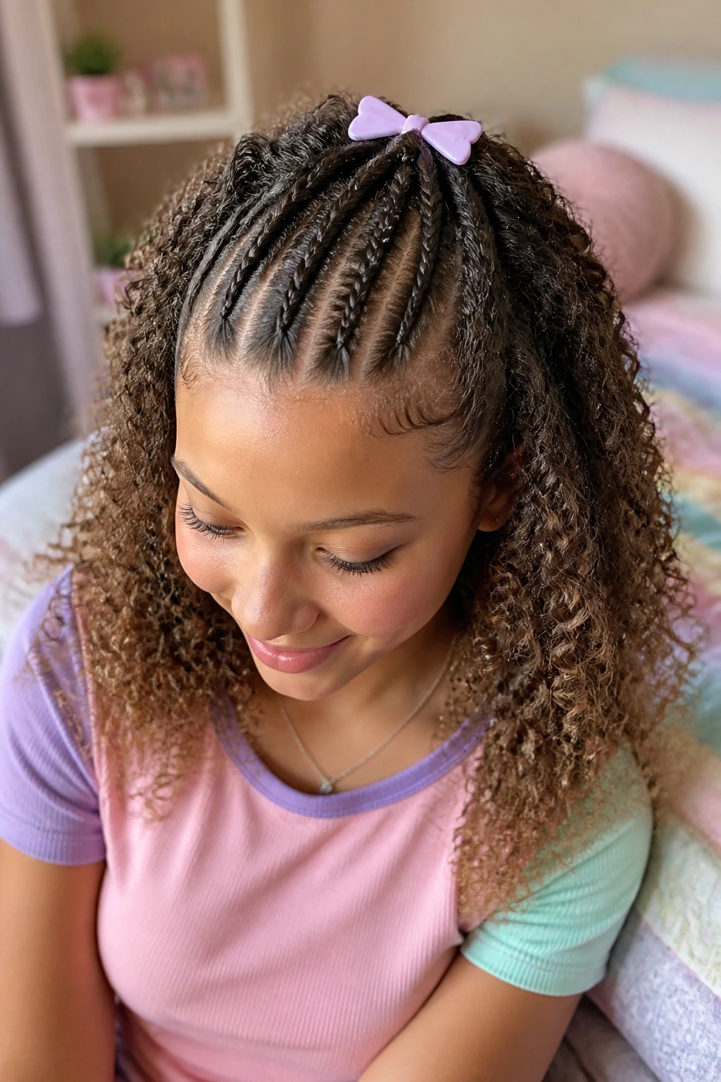 Real person with three braids pinned at center