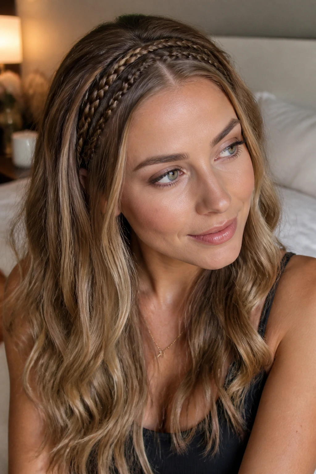 Close-up of a real person with three tiny headband braids along the hairline framing the face.