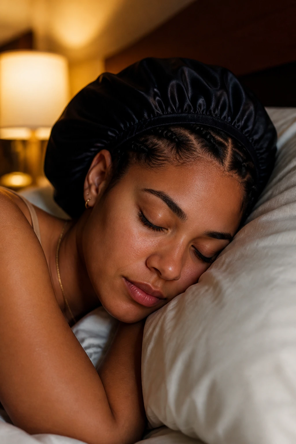 Close-up of person wearing satin bonnet, demonstrating braid maintenance at night