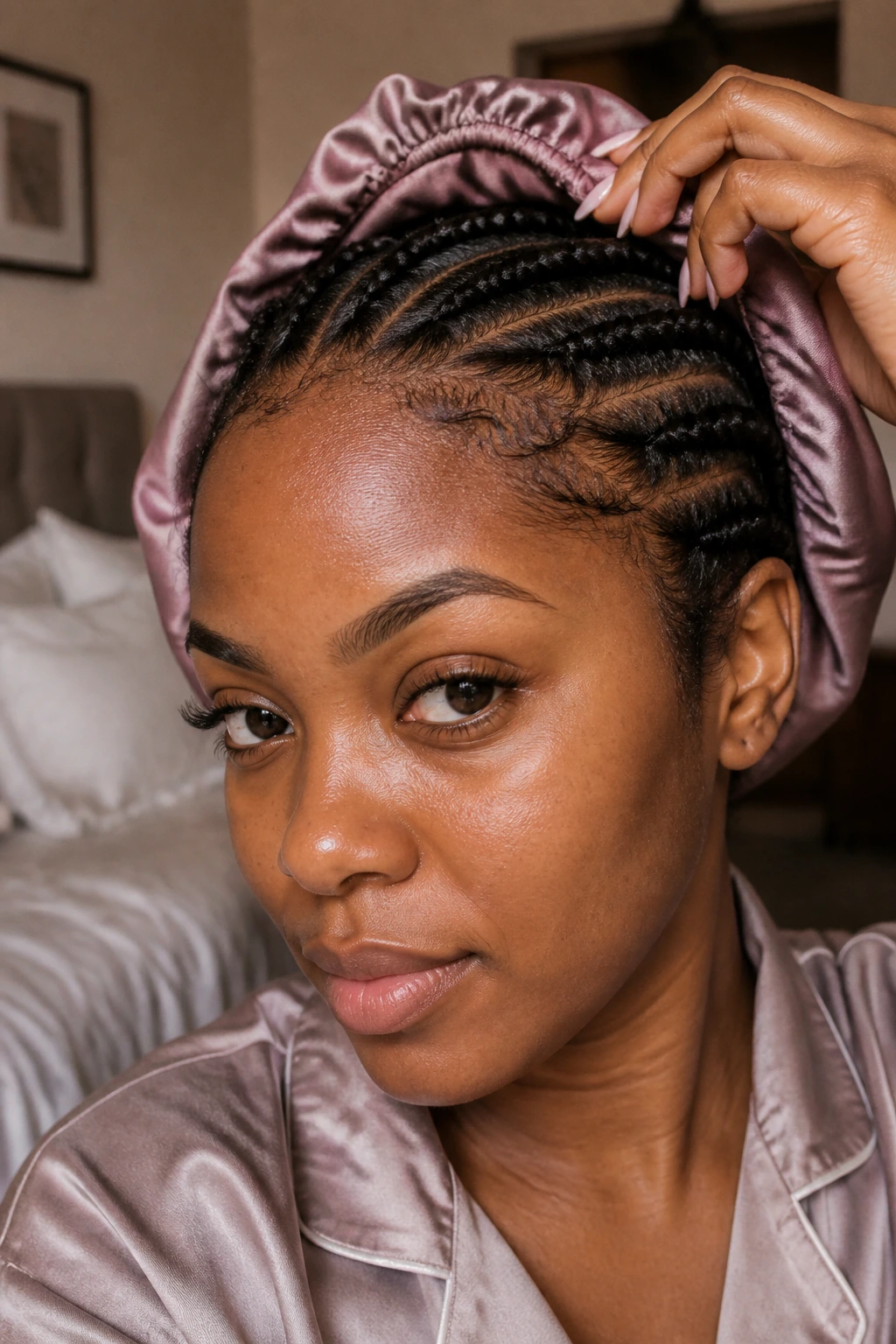 Close-up of a real woman with thick hair wearing a satin bonnet while braids are cared for