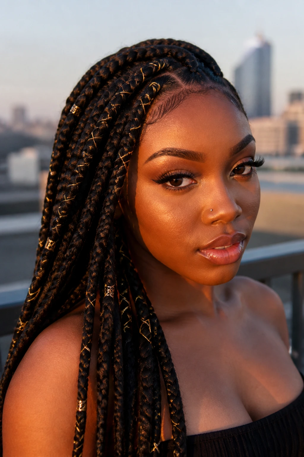 Close-up of braids woven with metallic gold thread on a real person
