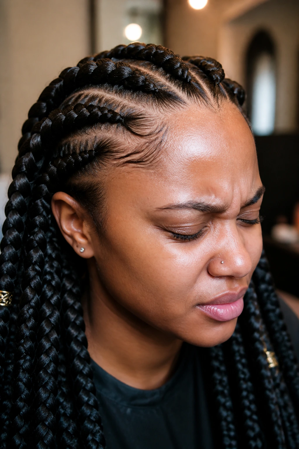 Close-up of a real person showing tight braids at the hairline to illustrate a common mistake