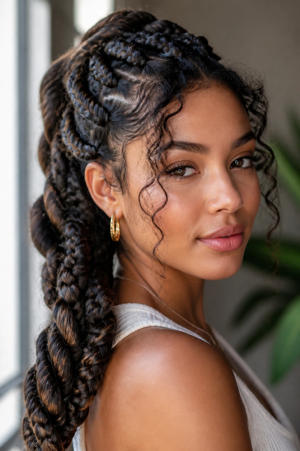 Close-up of a person with a bold braided hairstyle and minimal jewelry
