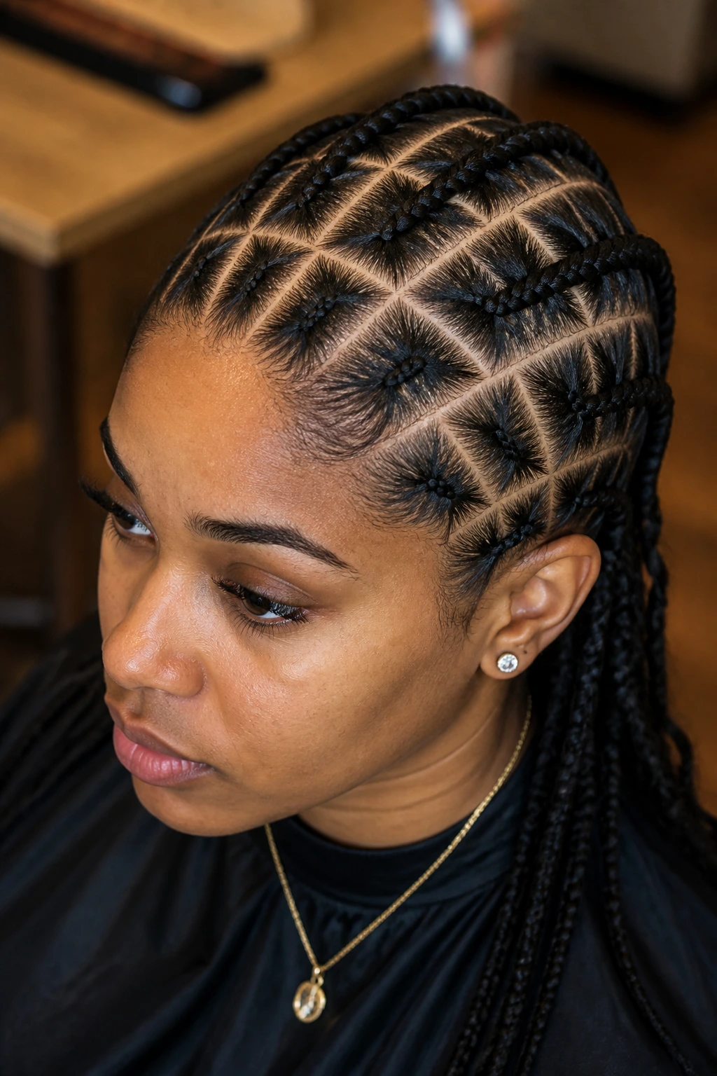 Close-up of thick-haired person showing grid-like cornrow parting patterns