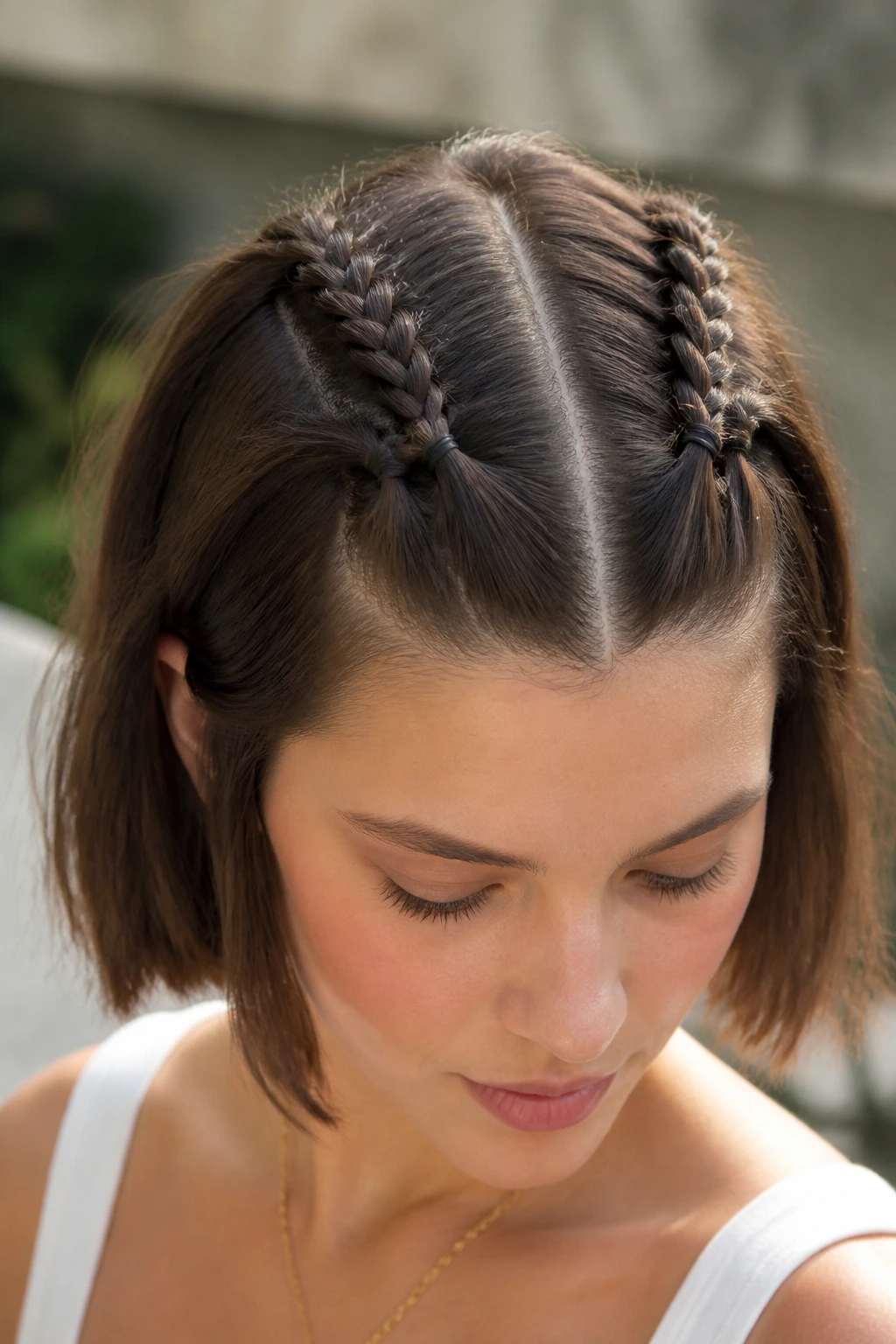 Close-up of double-tiered braided pigtails on a real person with a blunt bob.