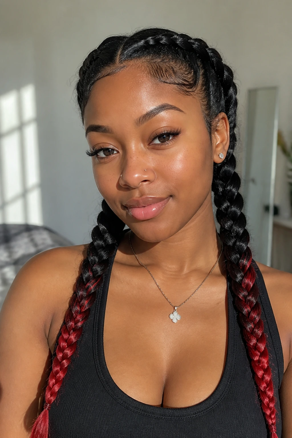 Close-up portrait of a real woman with two braids and red ends.