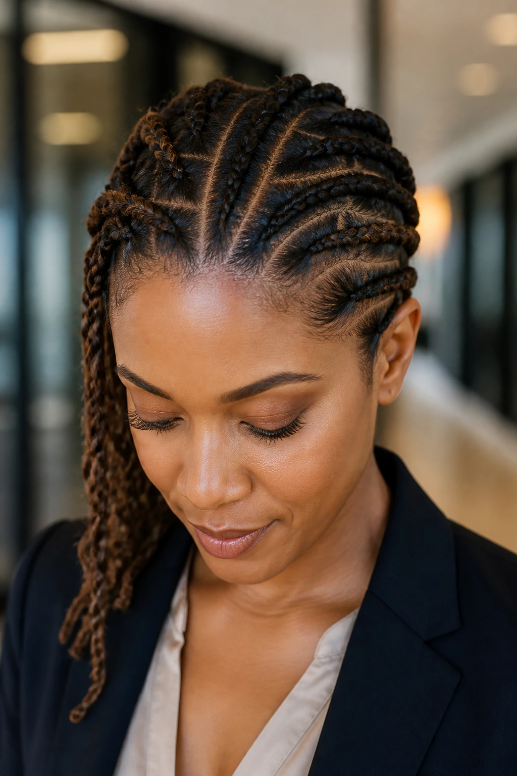 Close-up of a real woman with a multi-anchor braided hairstyle for gym-to-office transition