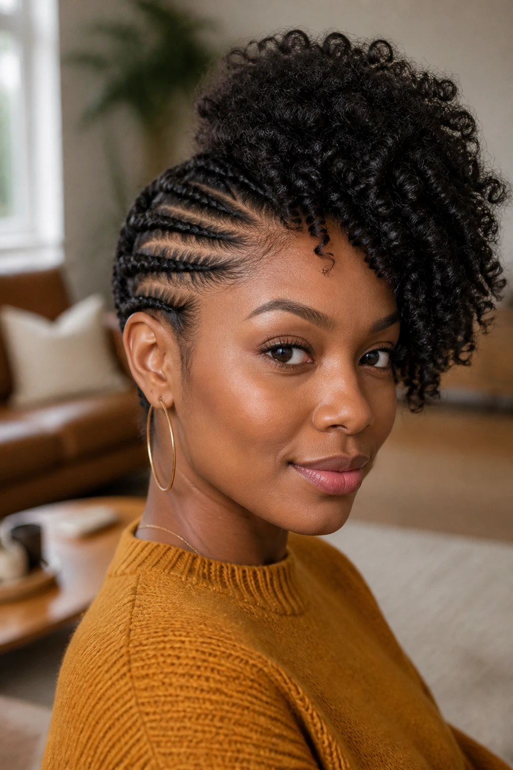 Real woman with asymmetrical side braids and a puff on the opposite side