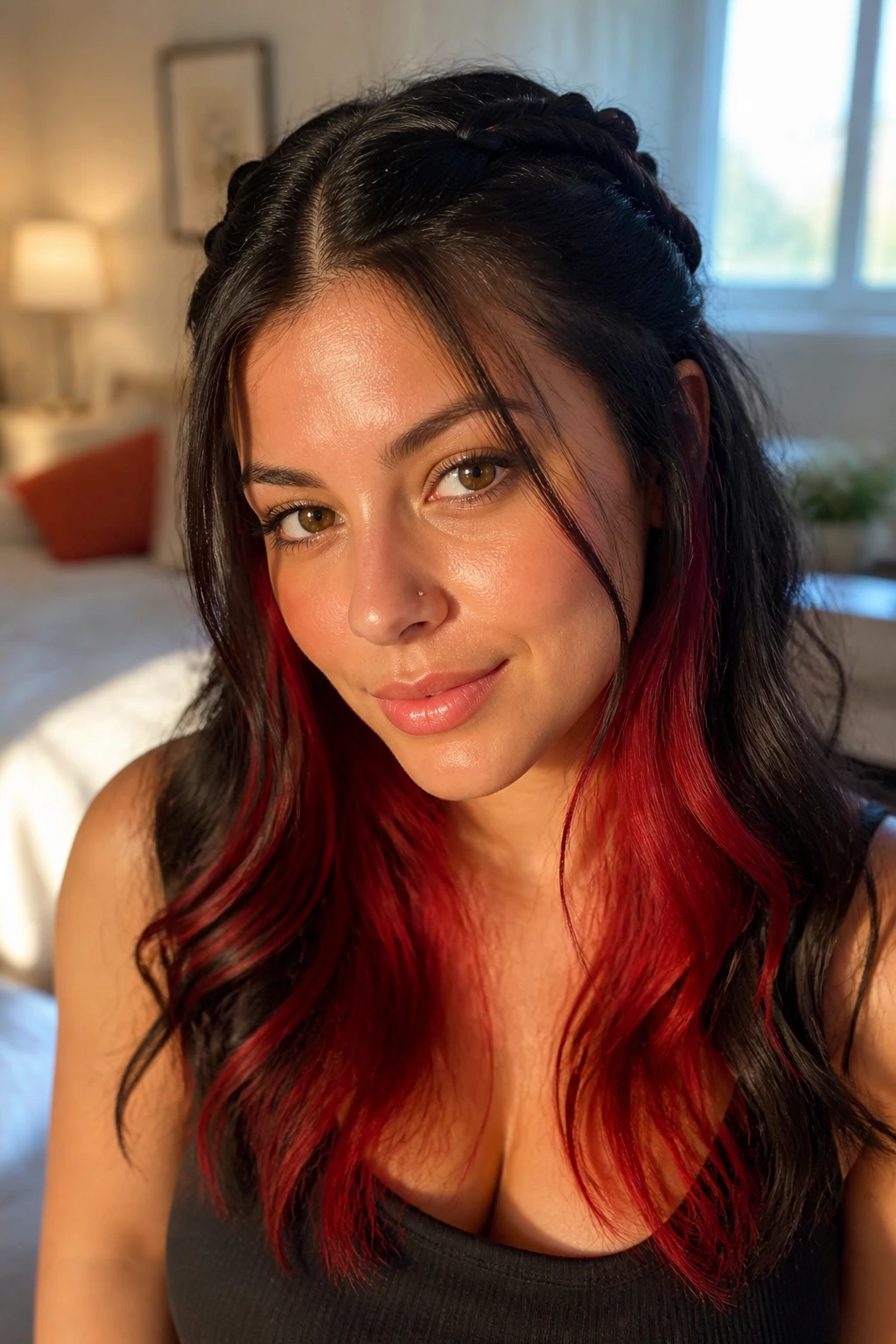 Close-up portrait of a real woman with The Half-Down Double Braids and a red underlayer, warm morning light.