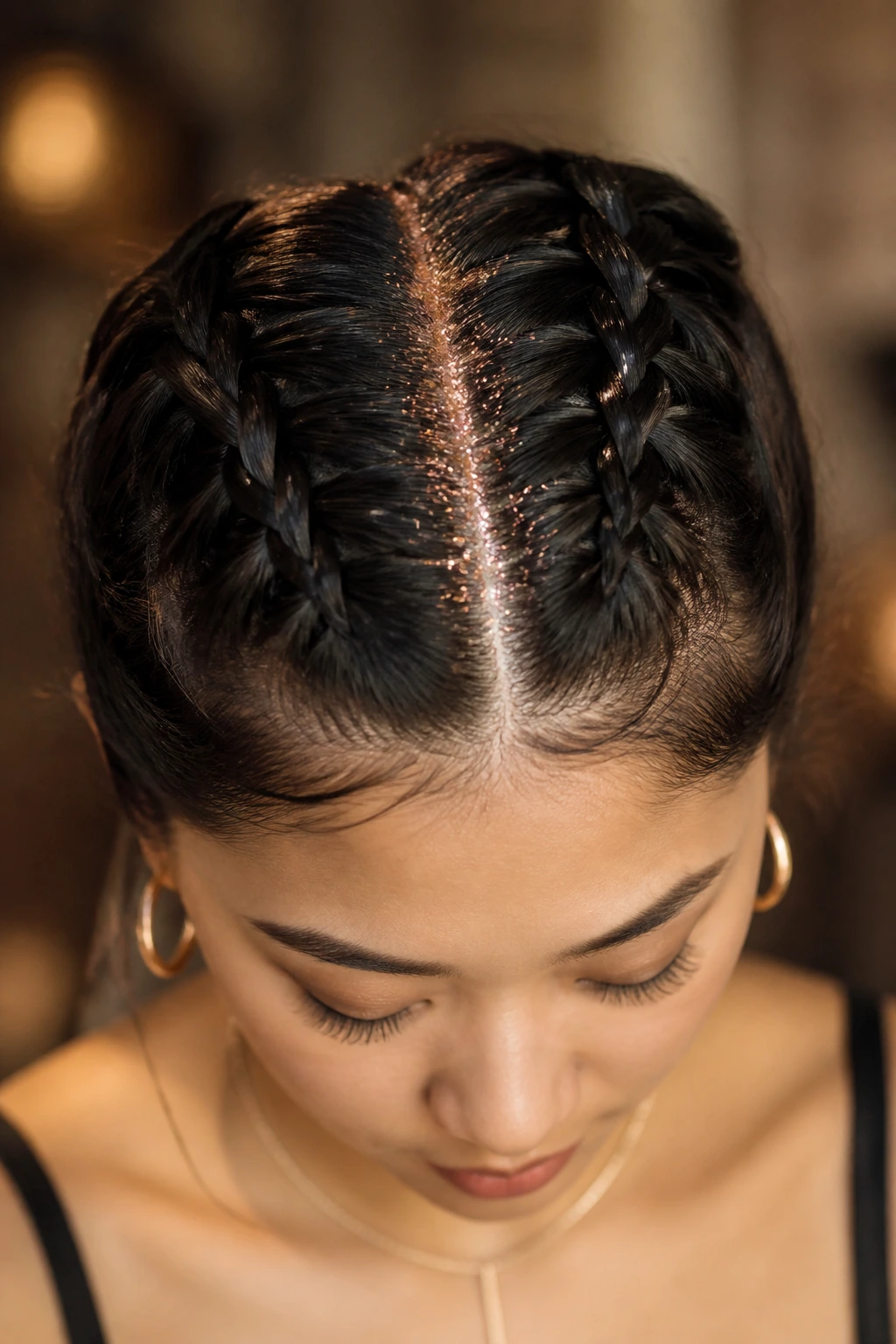 Close-up of real person with two Dutch braids and rose gold flecks along part