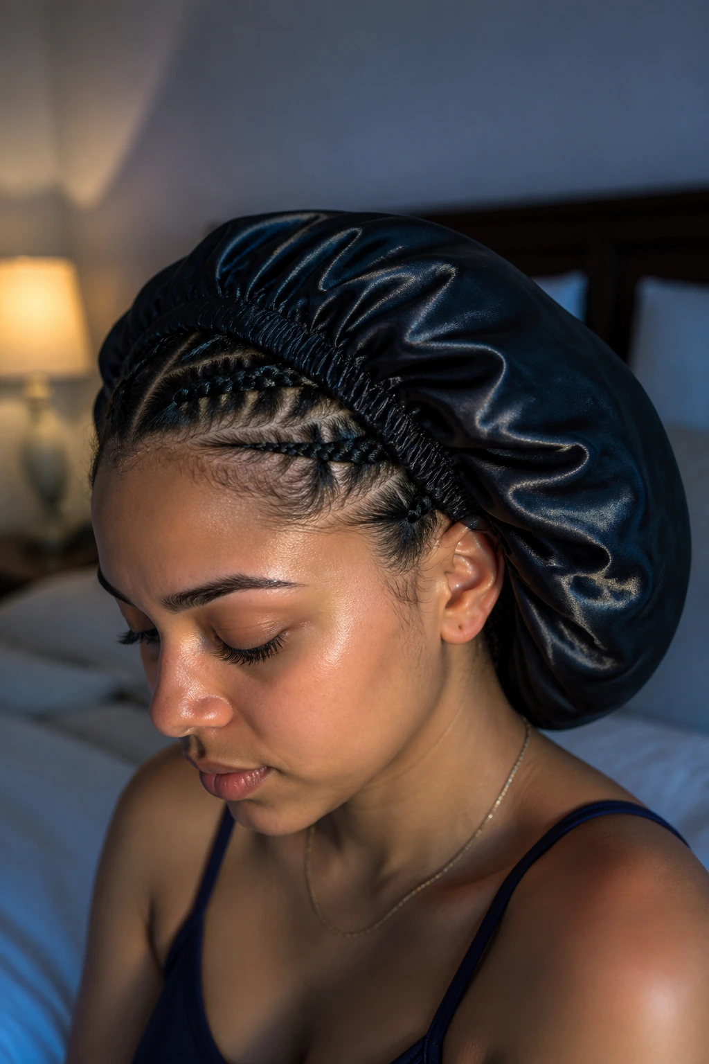 Person wearing a satin bonnet over braided hair at night.