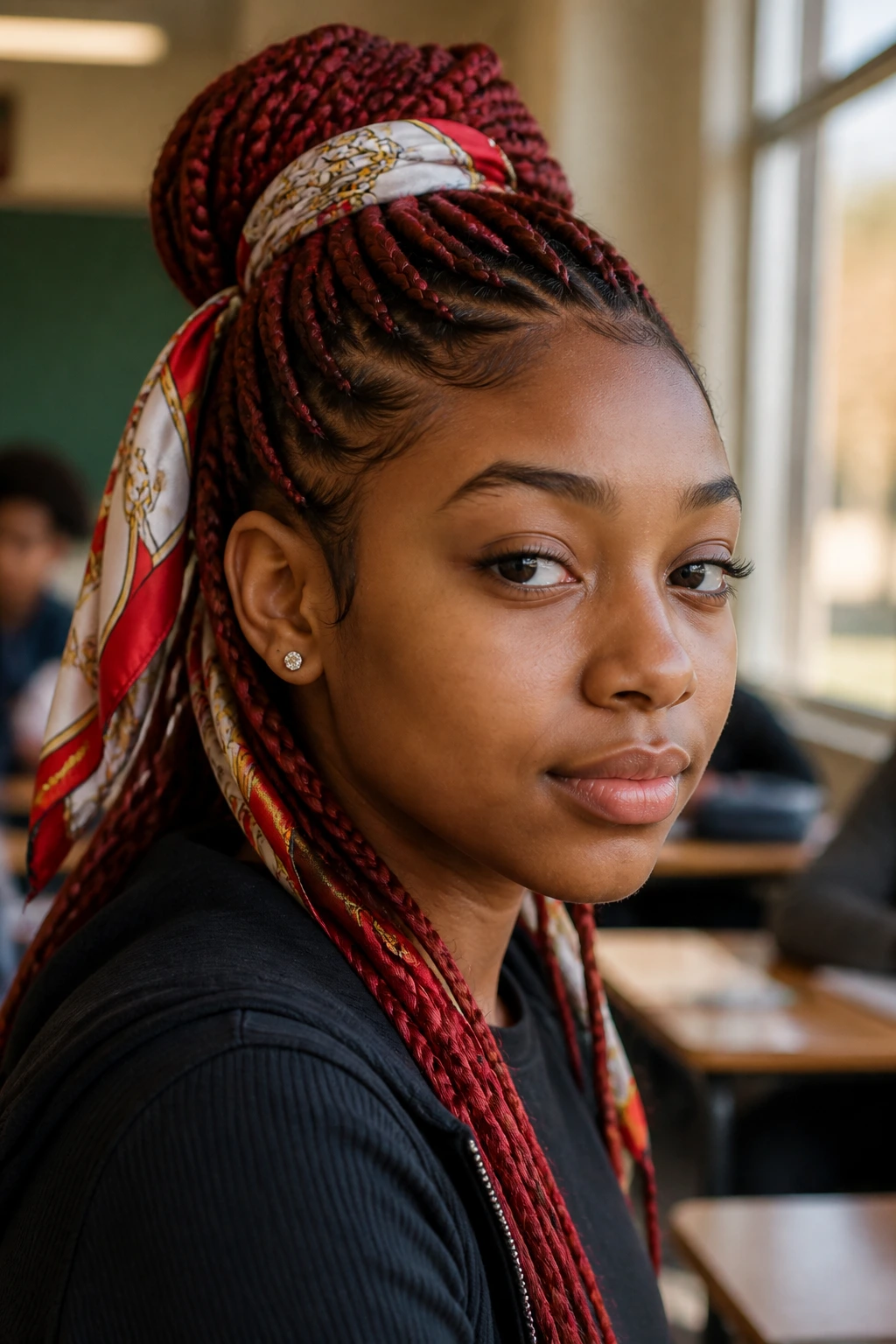 Close-up of red braids woven with a silk scarf on a real person in a classroom setting