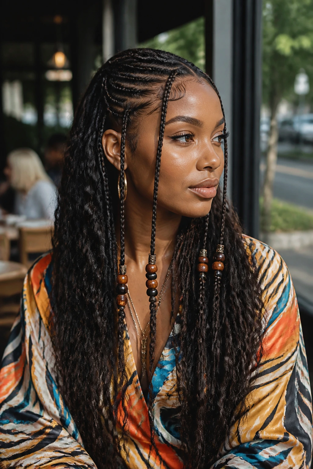 Medium-close portrait of a real woman with styled Fulani braids and bold top outdoors near a window