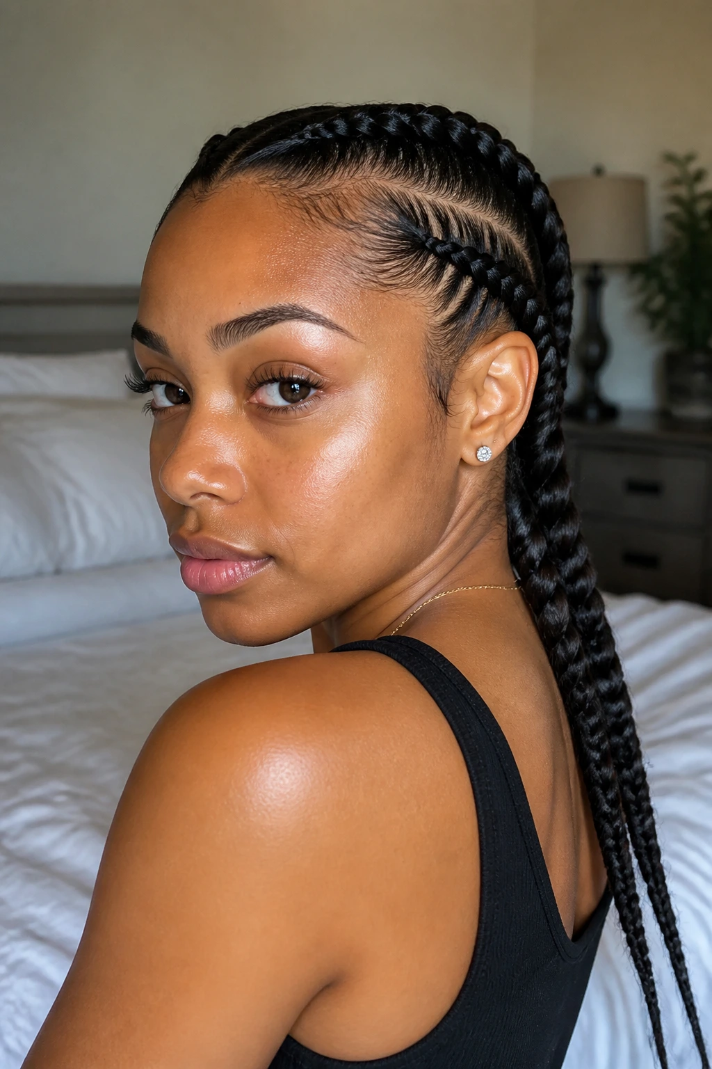 Close-up portrait of two large scalp-hugging braids starting at the hairline on a real woman