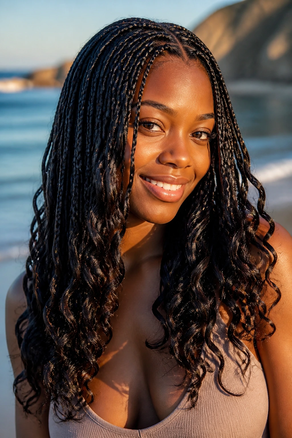 Close-up of a real woman with braids ending in soft waves on a beach at golden hour