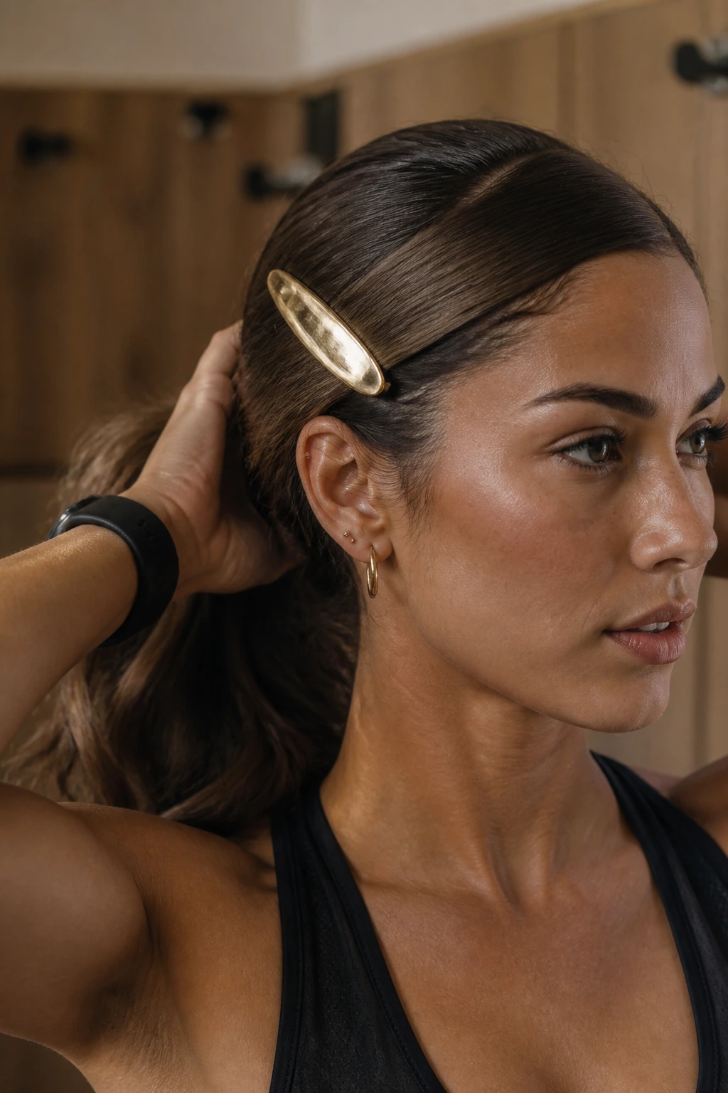 Close-up of a real person with brushed brass barrettes pulling back side bangs during a workout