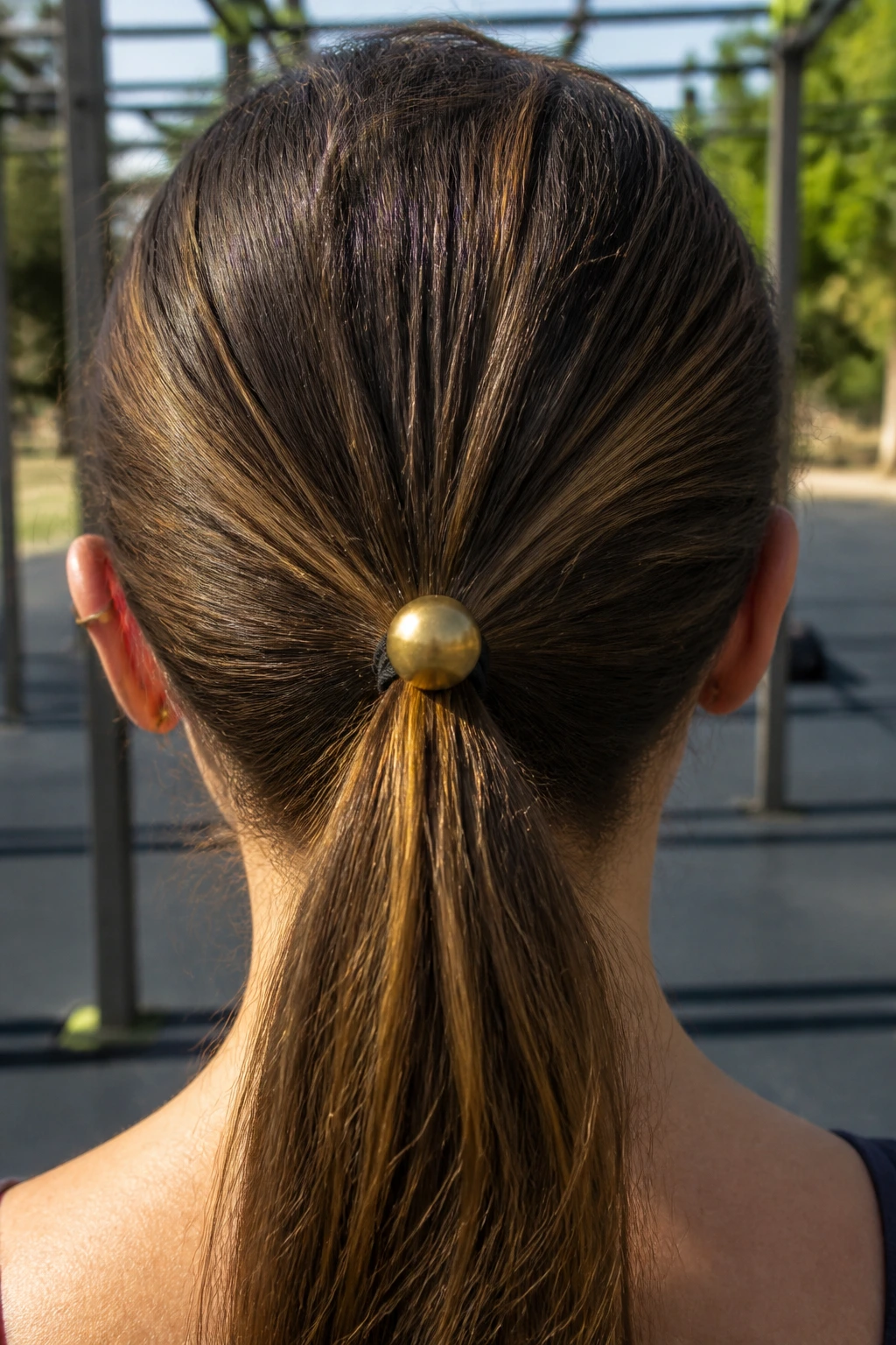 Brass bobble elastic securing ponytail on a real person