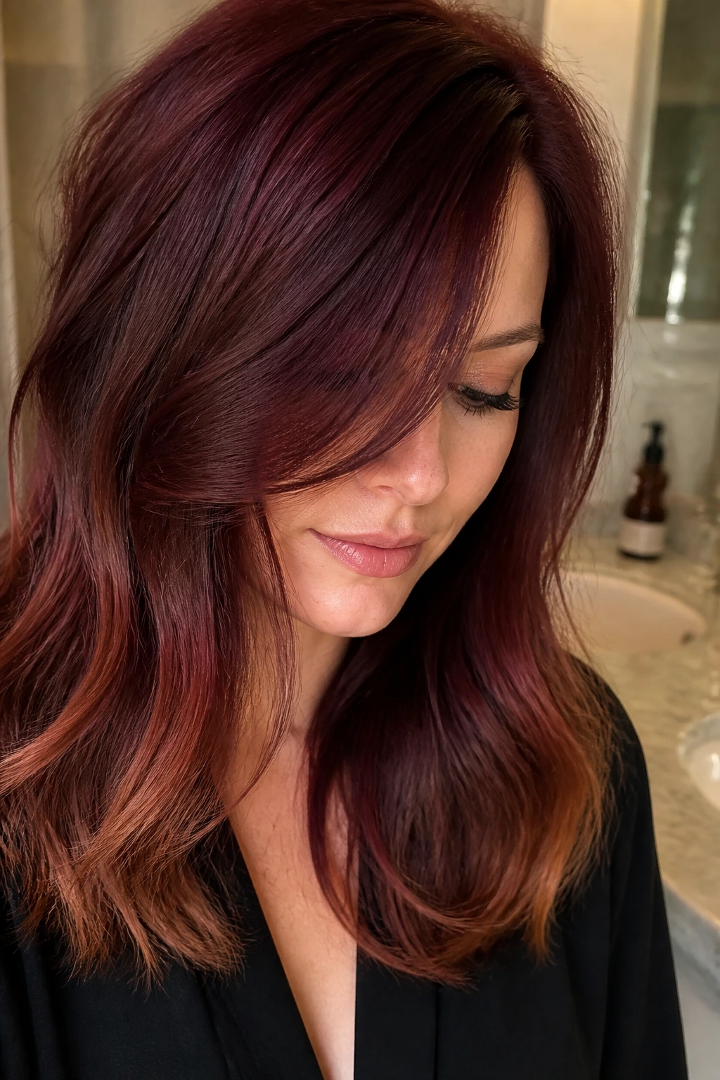 Close-up portrait of a woman with wine-toned hair showing brassiness in a bathroom setting