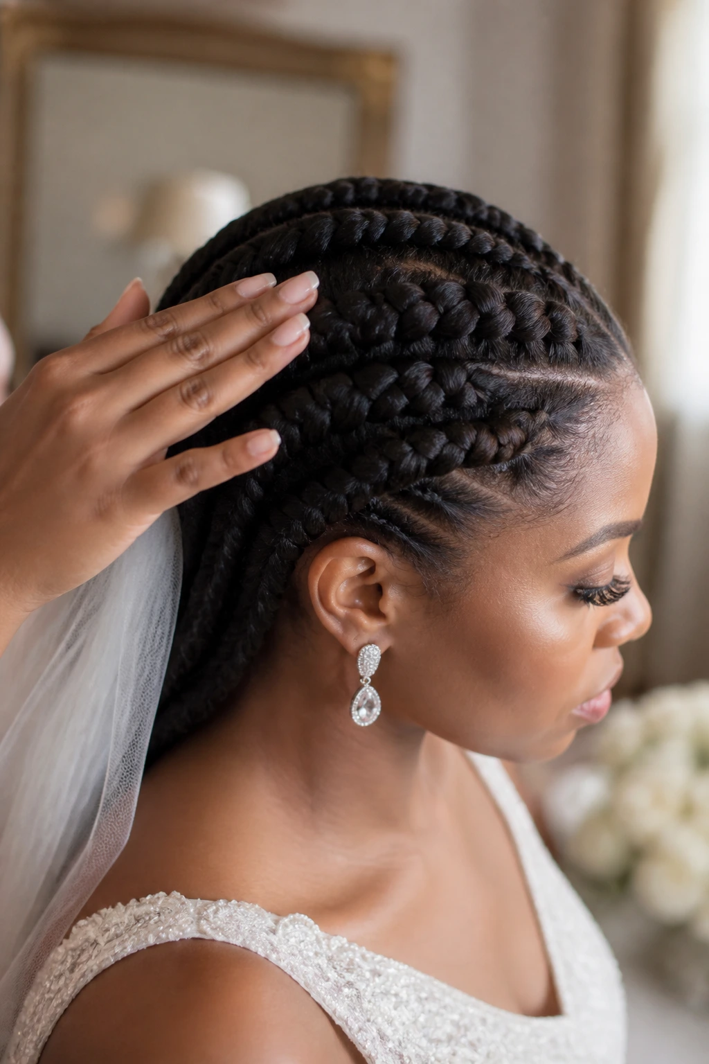 Close-up of a bride's braided hairstyle being touched to maintain flyaways