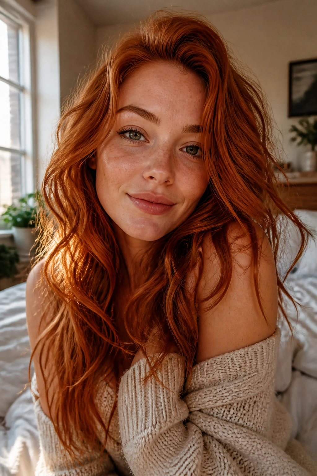 Close-up portrait of a real woman with vibrant copper hair in a sunlit bedroom