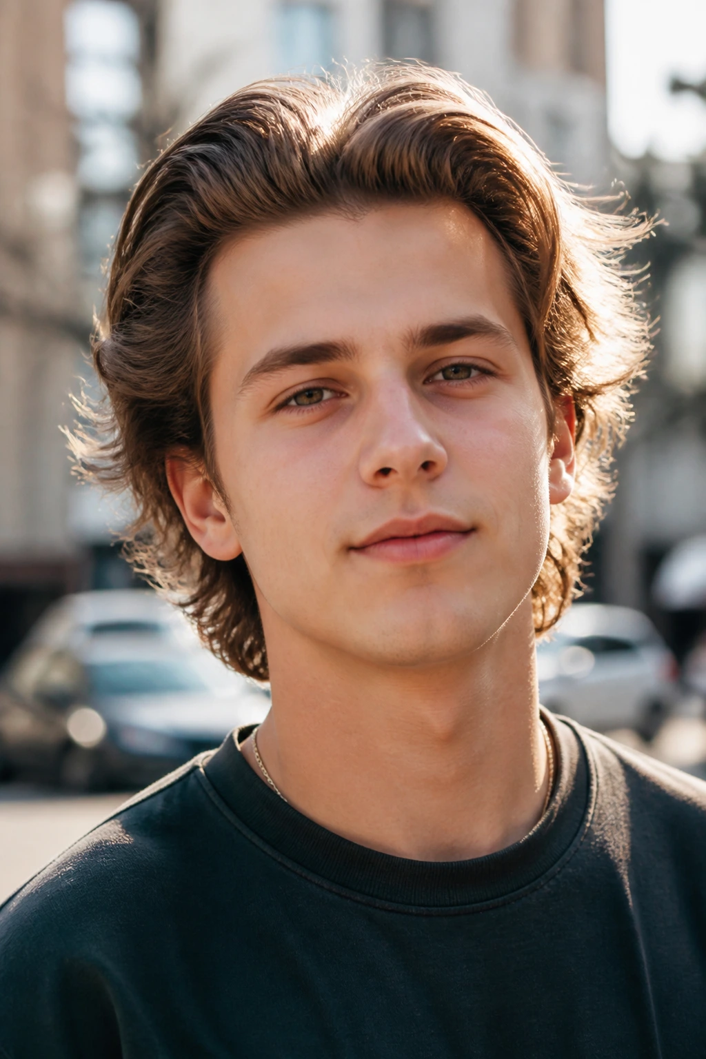 Teen with bro flow hairstyle outdoors in sunlight