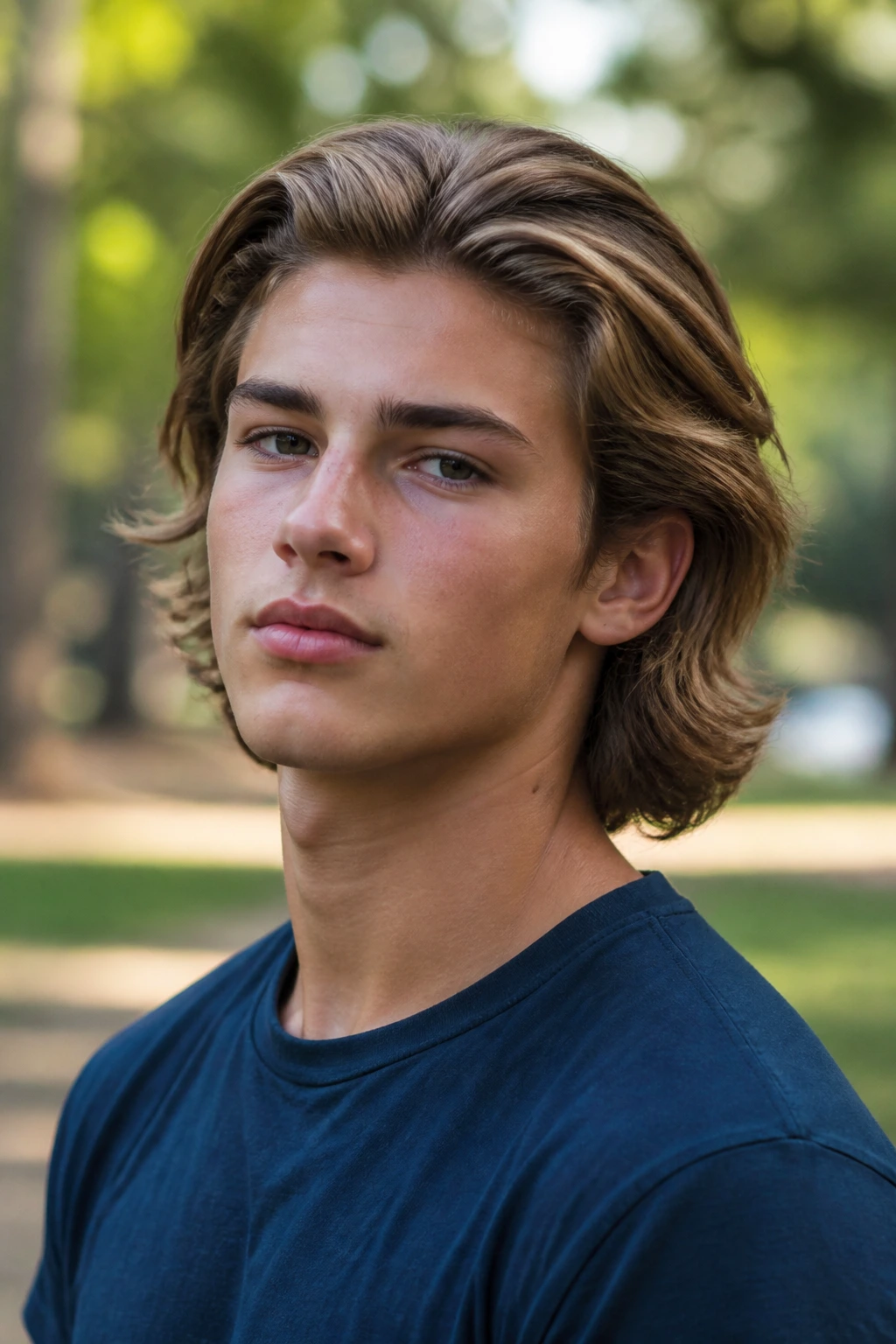 Teen with bro flow hairstyle outdoors in a park