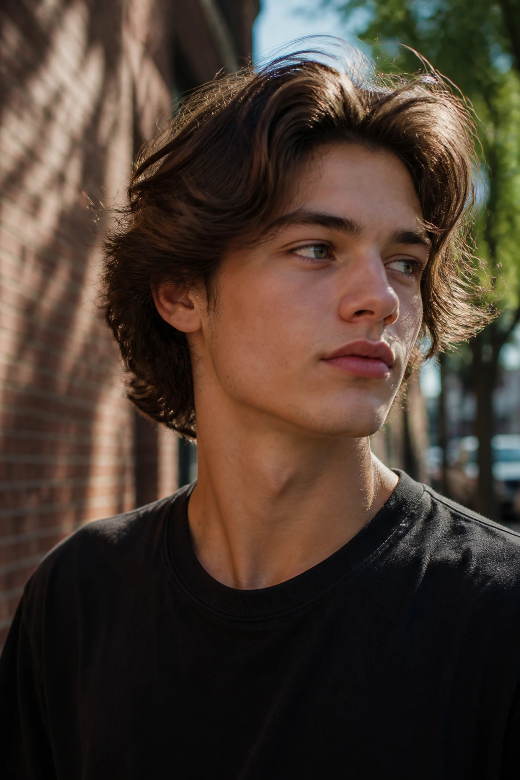 Three-quarter portrait of teen with bro flow hairstyle outdoors