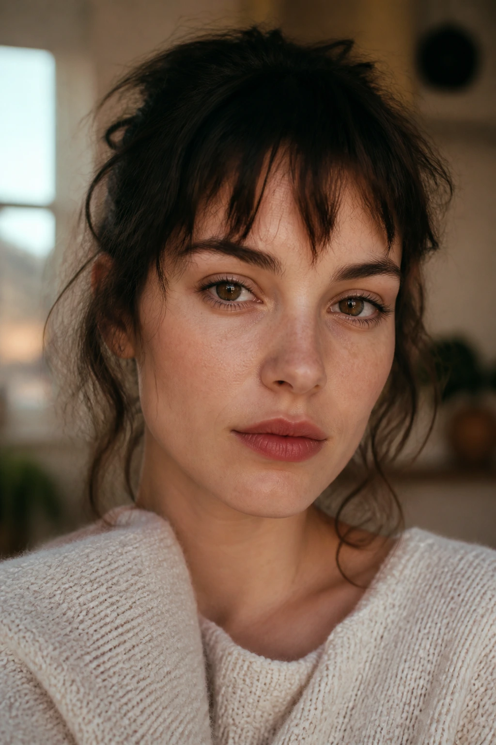 Close-up of a real woman with a broken fringe and varied lengths.