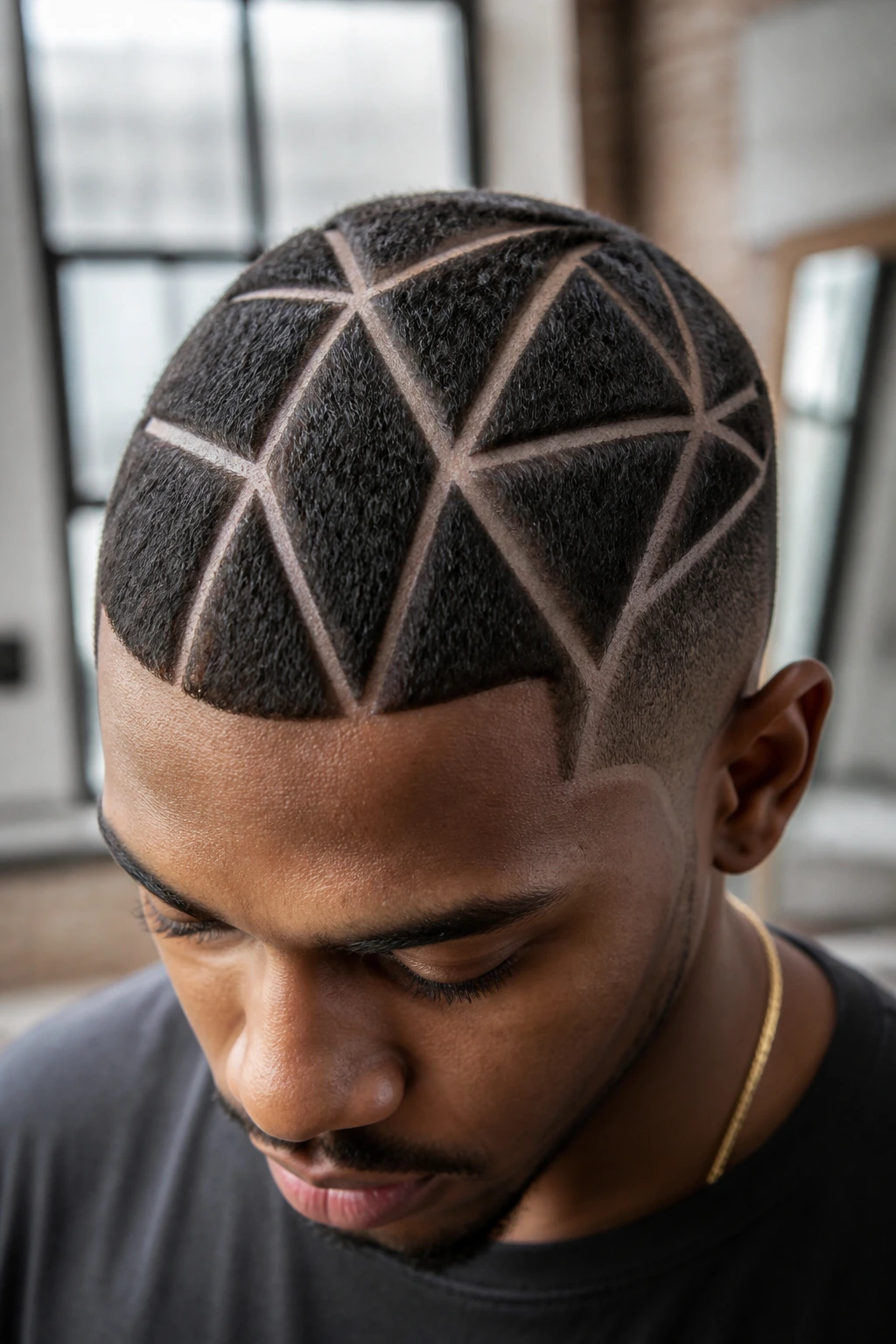 Close-up of head with sharp, angular broken glass lines shaved into thick hair
