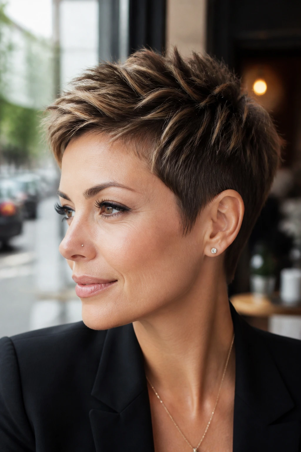 Close-up of a woman with a pixie cut in bronde caramel balayage.