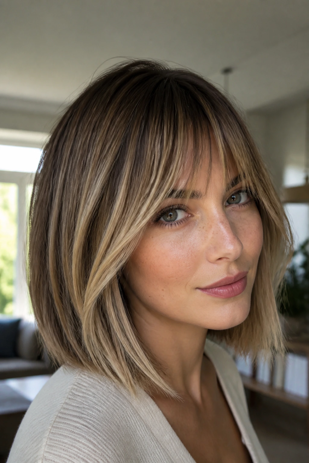 Portrait of a woman with bronde lob and graduated face-framing fringe.