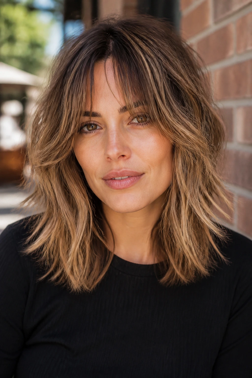 Close-up of a real woman with bronde ombré shag color.