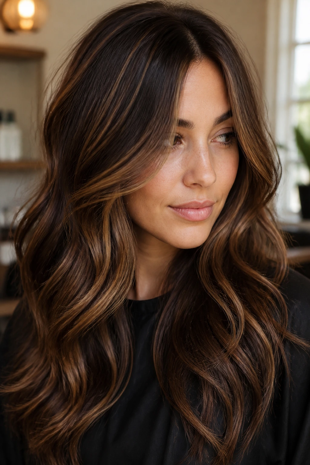 Close-up of real woman with chocolate brown hair and bronze babylights in warm light