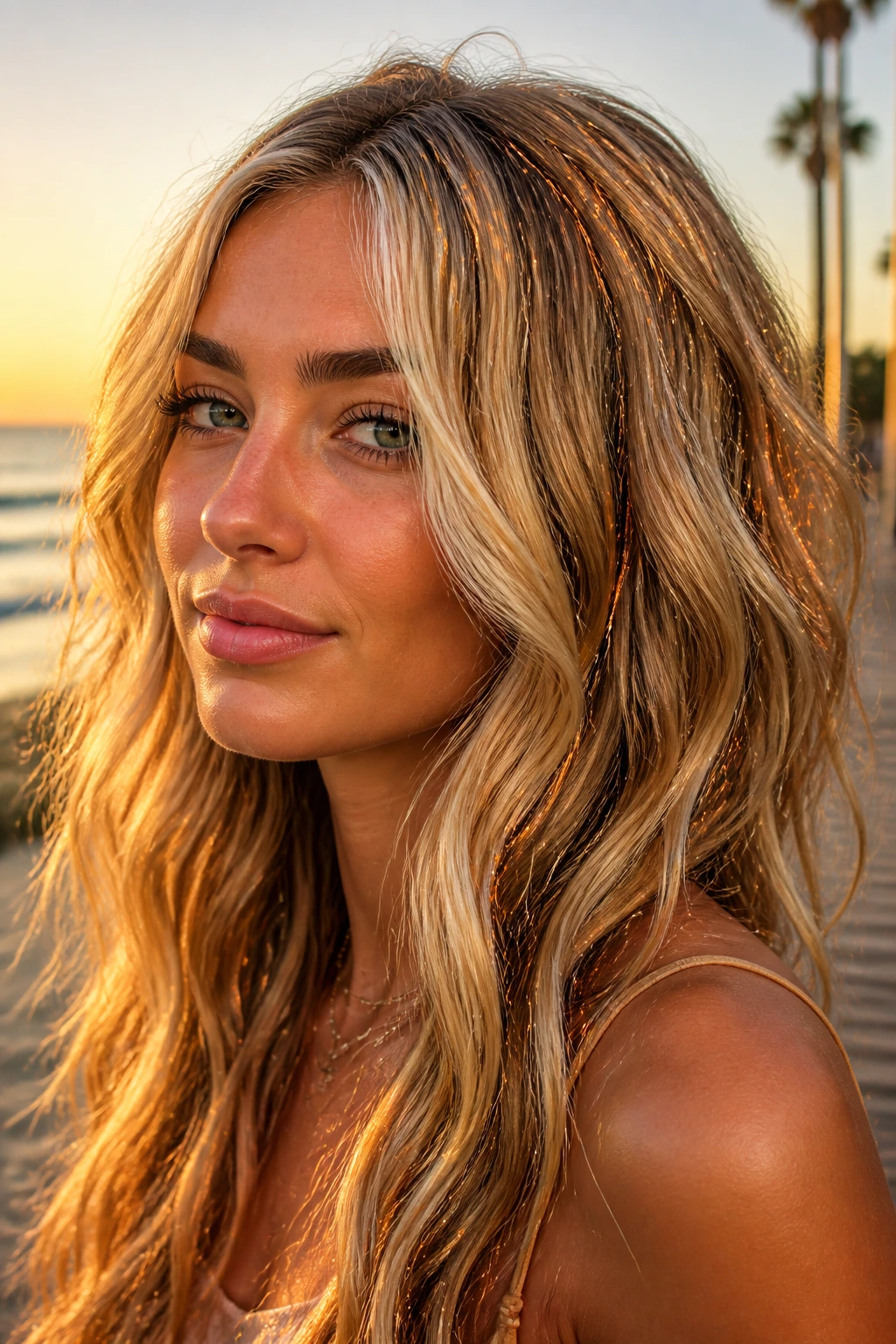 Close-up of honey blonde hair with bronze sunset tinsel