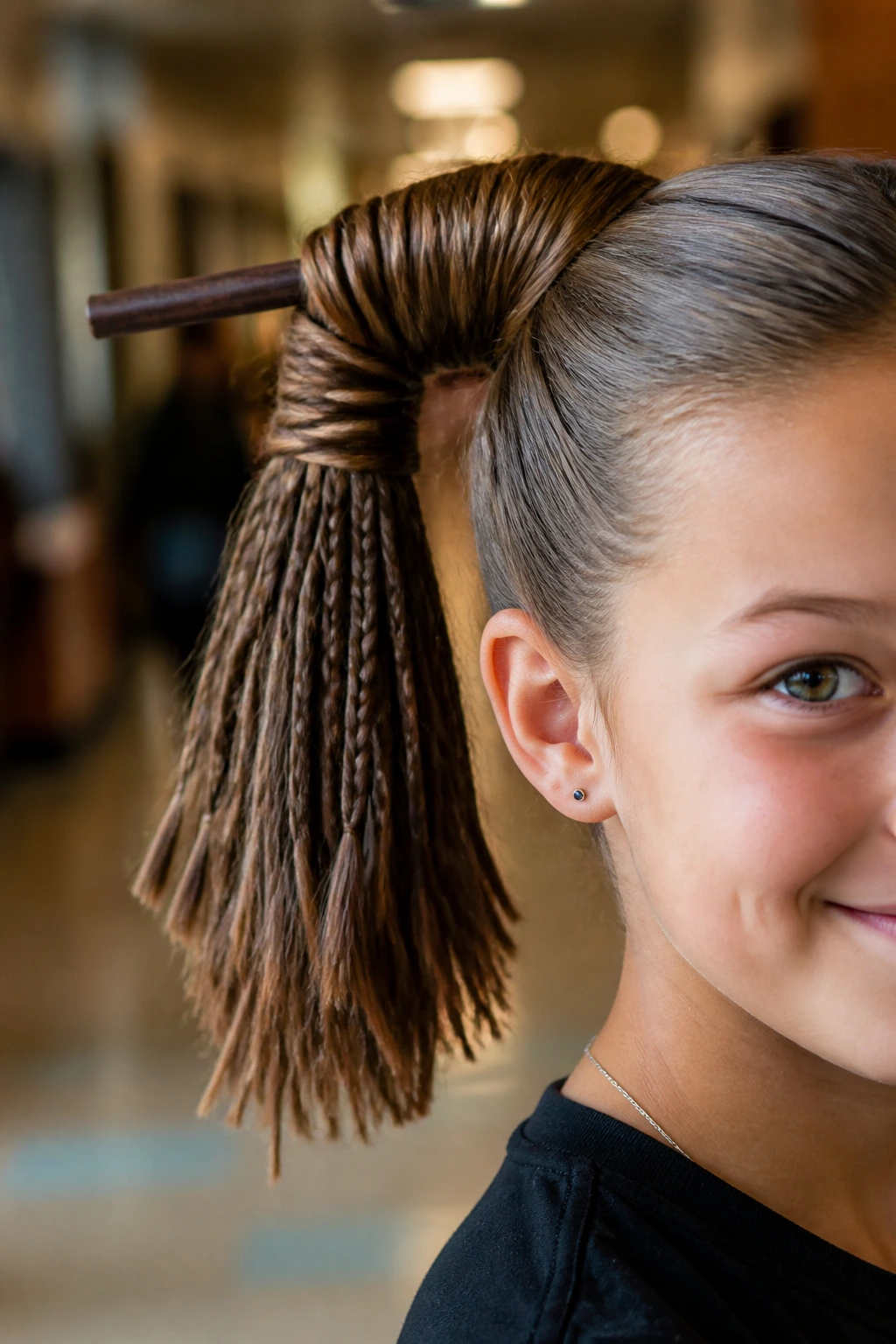 Close-up of a child with a broomstick ponytail