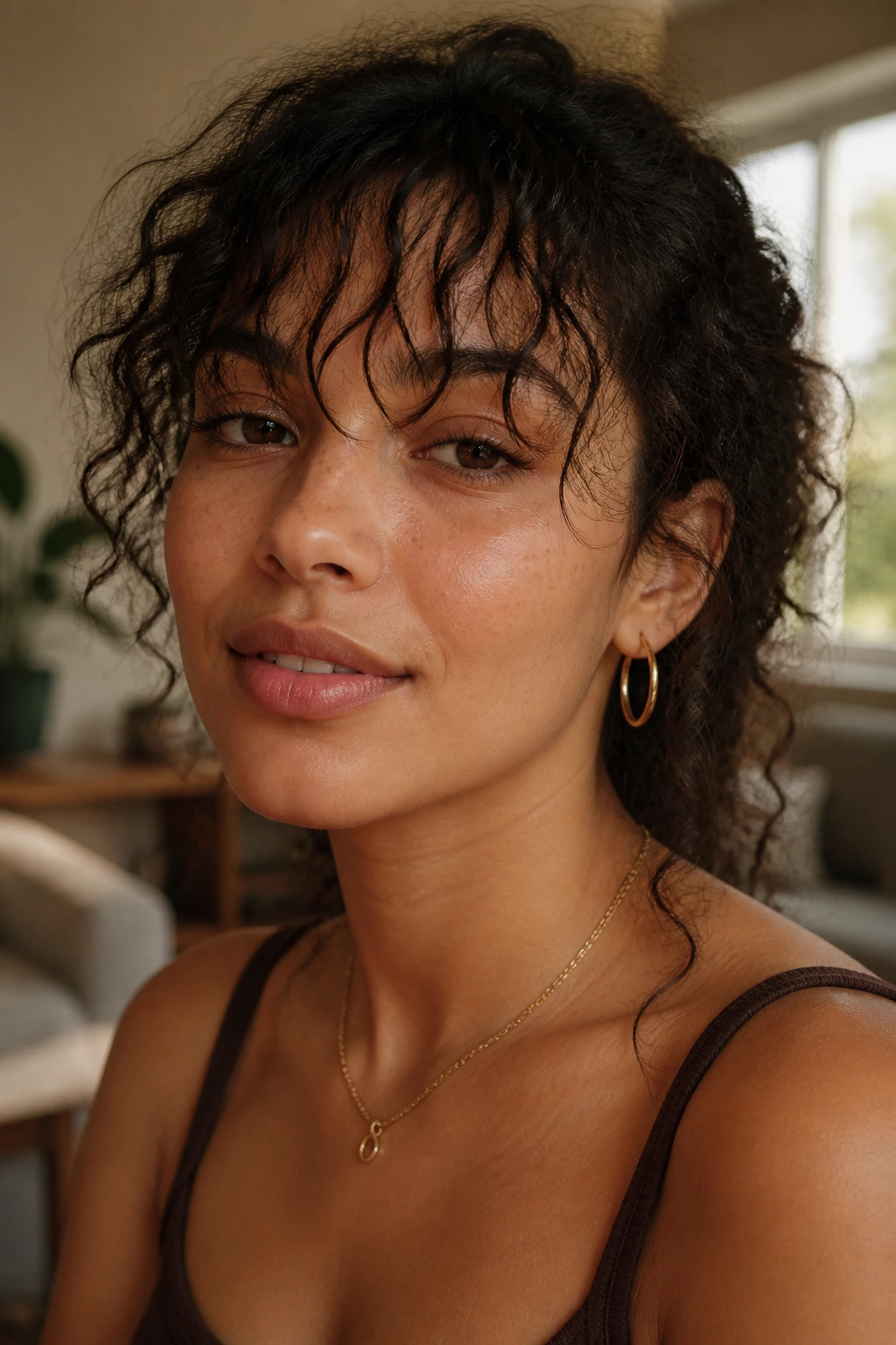 Close-up of a woman with piecey brow-skimming tendrils bangs in warm window light