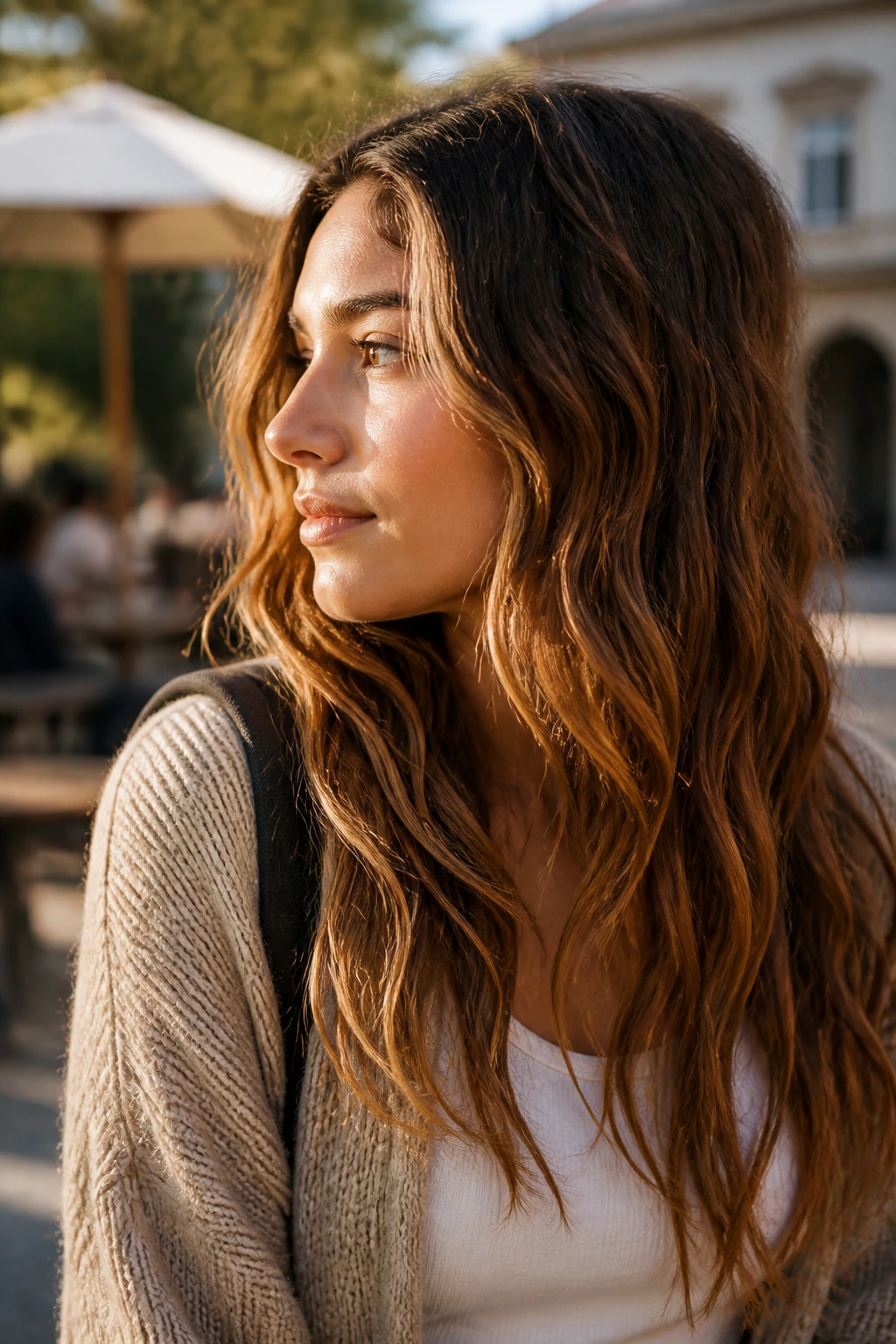 Close-up of a real student with soft beachy waves in natural sunlight