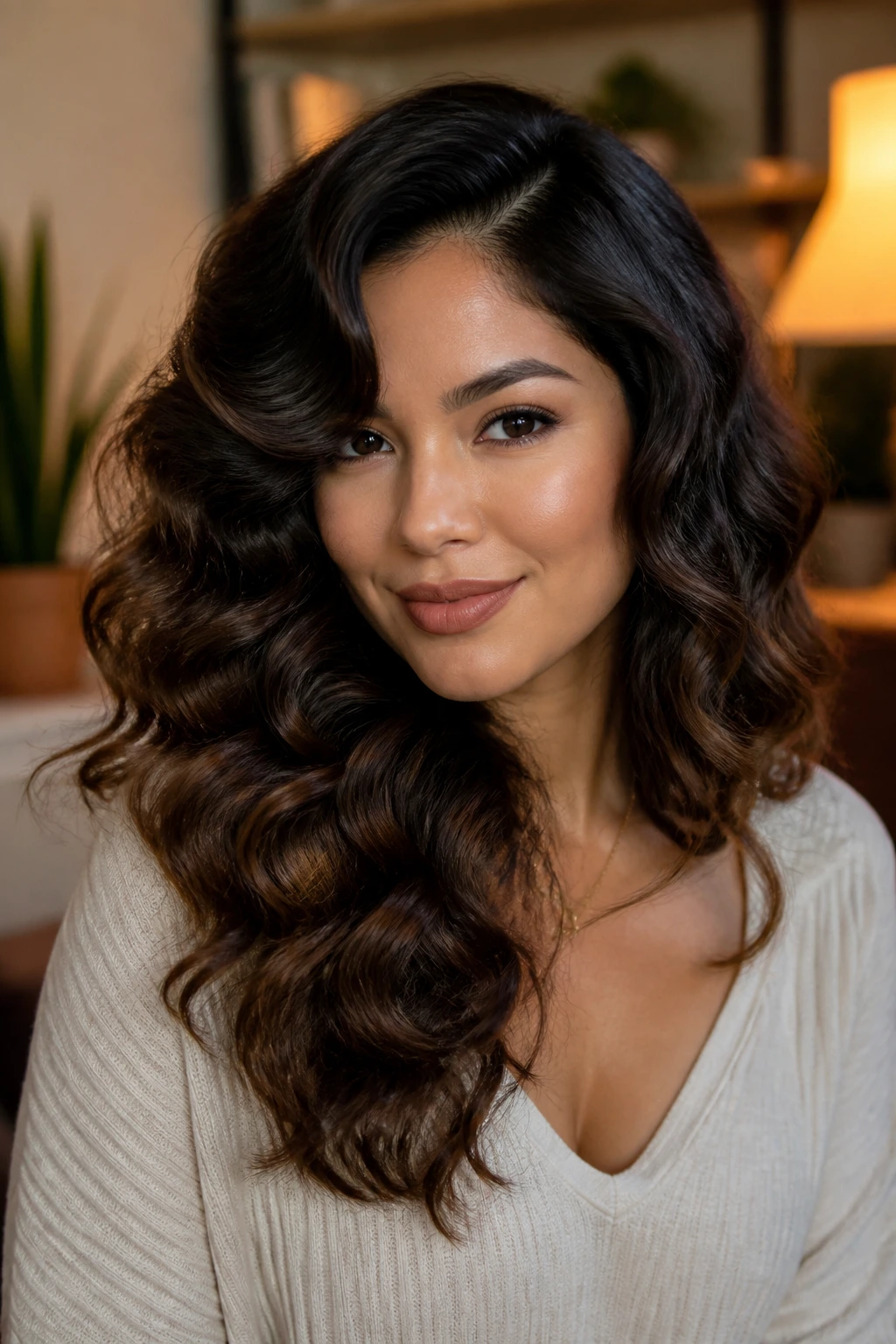 Close-up of brushed-out waves after pin removal on real woman.