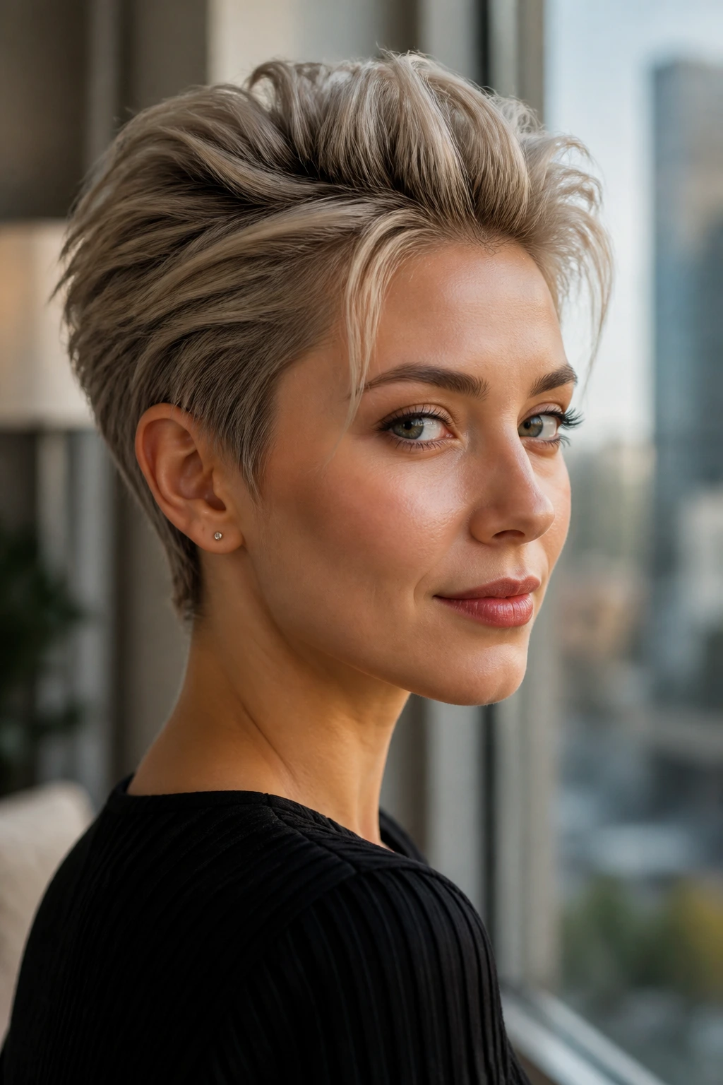 Close-up of a person with a brushed-back pixie hairstyle