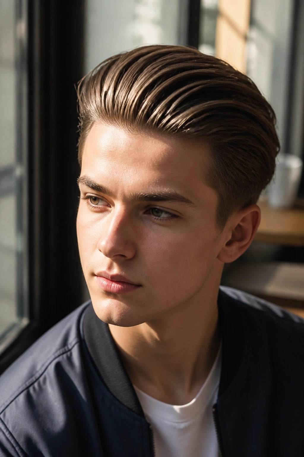 Real person with brushed-back quiff and polished shine