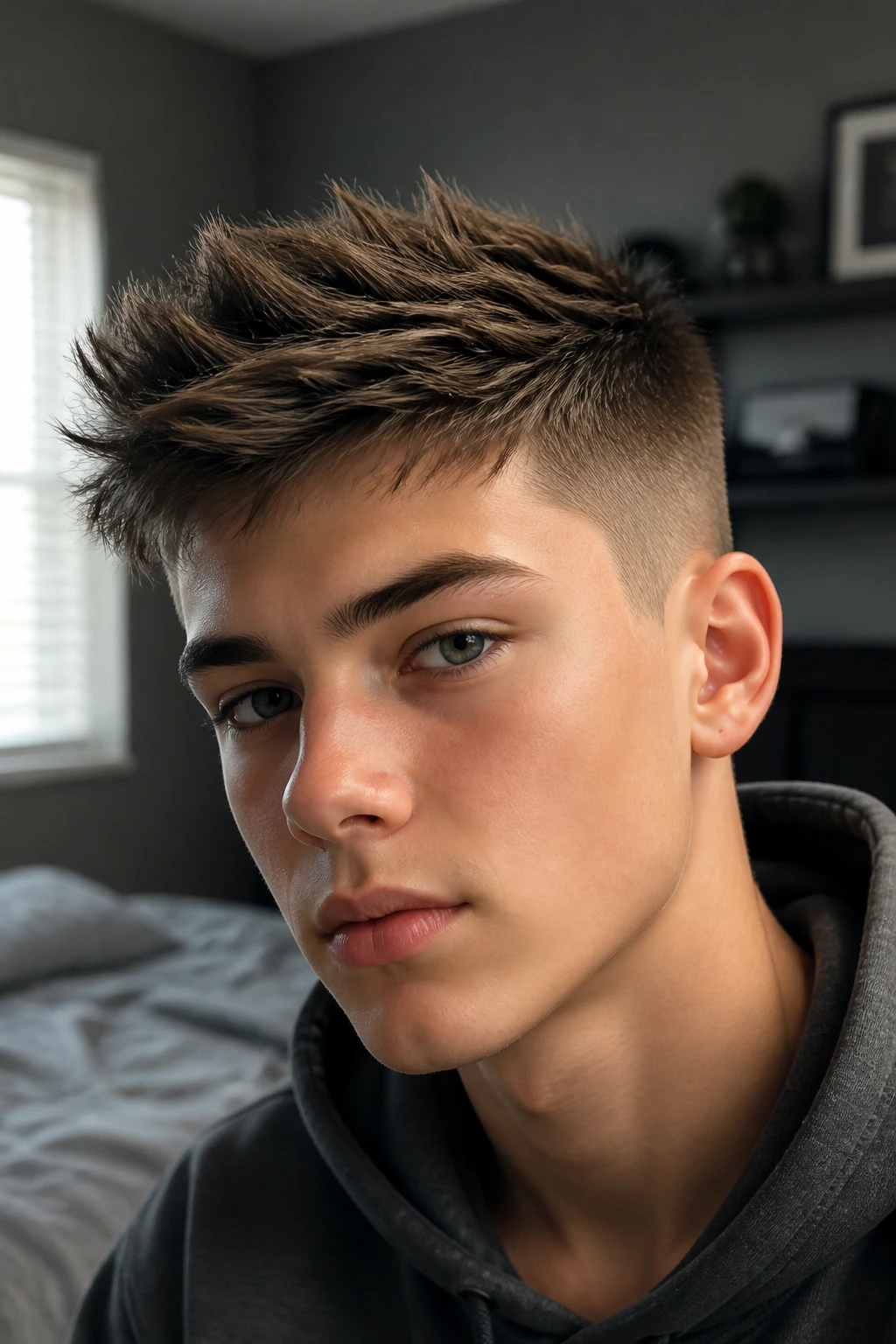 Teen boy close-up with brushed-forward spikes hairstyle in a softly lit bedroom